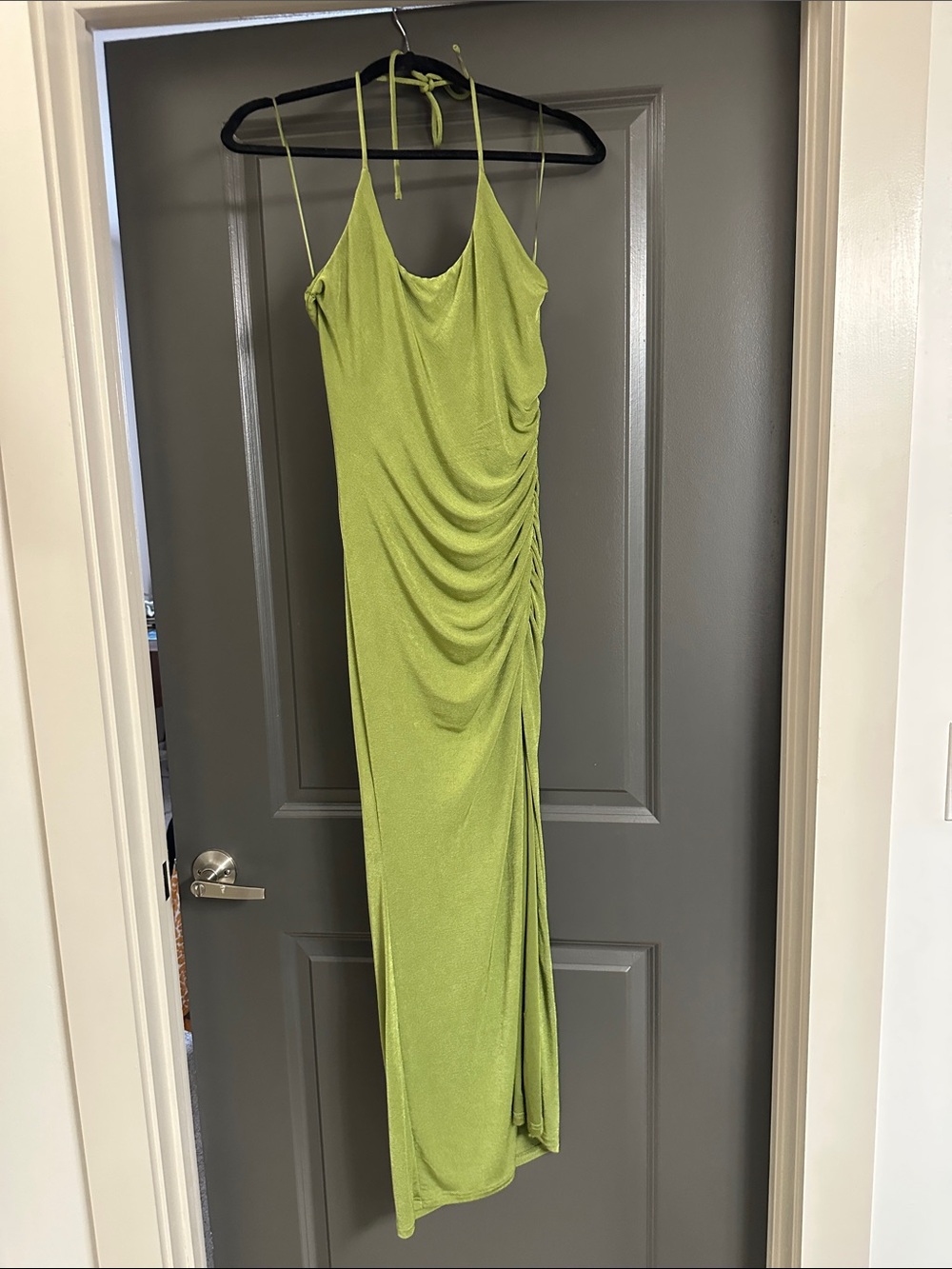 Meshki Lime Green Ruched Halter Maxi Dress